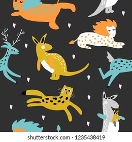 Hand drawn vector cute cartoon colorful seamless pattern illustration African animals on the dark background for baby textile, cloth, linen texture, wallpaper or home decoration 