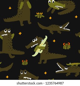 Hand drawn vector cute cartoon seamless pattern colorful illustration little crocodile and frog on the dark green background for baby textile, cloth, linen texture, wallpaper or home decoration