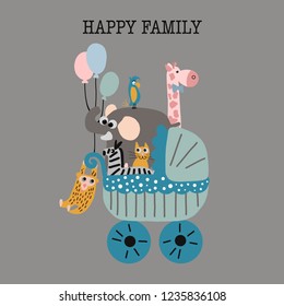 Hand drawn vector cute cartoon colorful illustration post card happy family animals with baby carriage on the gray background