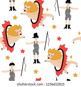 Hand drawn vector cute cartoon seamless pattern illustration lion, ring of fair, animal trainer and stars on the white background for baby textile, cloth, linen texture, wallpaper or home decoration