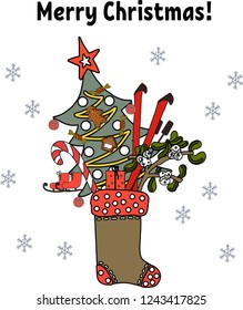 Hand drawn vector cute cartoon post card Merry Christmas on the white background for home decoration