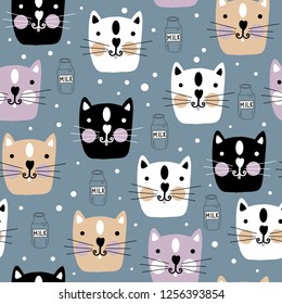 Hand drawn vector cute cartoon pastel color seamless pattern illustration head of cat with bottle of milk and polka dots for baby textile, t-shirt texture or other clothes, linen, wallpaper