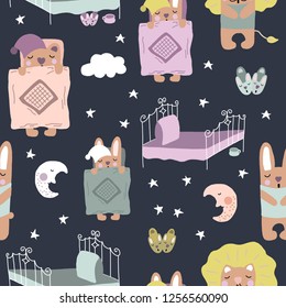 Hand drawn vector cute cartoon pastel color print illustration sleeping animals, moon, stars, slippers and bed for baby textile, t shirt, linen, wallpaper texture on the dark blue background