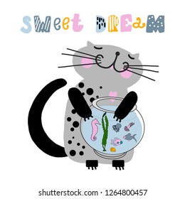 Hand drawn vector cute cartoon pastel color illustration  cat with aquarium and letters on the white background for t- shirt, phone case, textile, postcard, poster, banner or home decoration