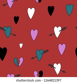 Hand drawn vector cute cartoon seamless pattern illustration colorful heart and arrow on the red background for textile, cloth, linen texture or decoration
