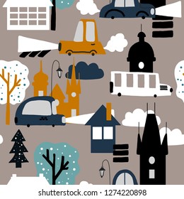 Hand drawn vector cute cartoon seamless pattern illustration city, cars, lamp, cloud, trees, houses for baby textile, linen, wallpaper, clothes texture or decoration
