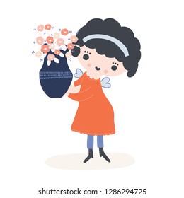 Hand drawn vector of cute cartoon girl angel fairy holding spring flower vase. Hand drawn kawaii smiling girl illustration for party celebrations, new baby or kids girly happy birthday clipart.