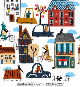 Hand drawn vector cute cartoon seamless pattern illustration city, kangaroo on bike and cars, tree, cloud on the white background for baby textile, cloth, linen texture or home decoration