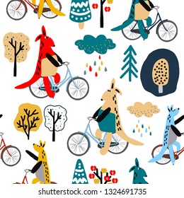 Hand drawn vector cute cartoon seamless pattern illustration colorful kangaroo on the bicycle, trees on white background for baby textile, cloth, linen texture or home decoration