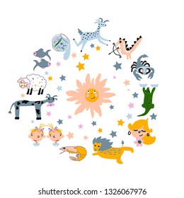 Hand drawn vector cute cartoon post card animal horoscope for t-shirt, phone case, post card, poster design