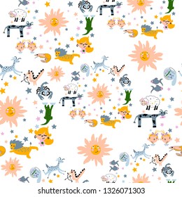 Hand drawn vector cute cartoon seamless pattern pastel color zodiac sign and sun on the white background for baby textile, cloth, linen texture or wallpaper