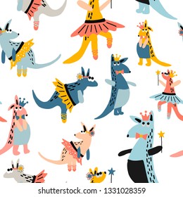 Hand drawn vector cute cartoon seamless pattern illustration kangaroo- ballerina on the white background