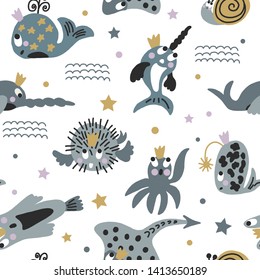 Hand drawn vector cute cartoon seamless pattern illustration sea animals on the white background for baby textile, cloth, linen, wallpaper texture or home decoration
