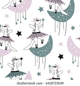 Hand drawn vector cute cartoon seamless pattern illustration pastel color kangaroo ballerina and moon on the white background for baby textile, cloth, linen or wallpaper texture