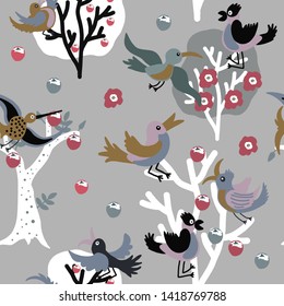 Hand drawn vector cute cartoon seamless pattern pastel color birds on the tree for baby textile, cloth, linen, wallpaper texture