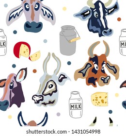 Hand drawn vector cute cartoon pastel color seamless pattern illustration heads of cow, cheese, milk and polka dots on the white background for baby textile, cloth, linen, wallpaper or other texture