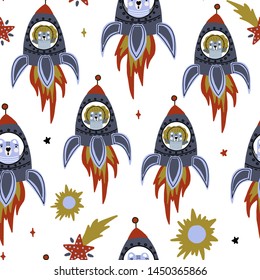 Hand drawn vector cute cartoon seamless pattern illustration animals in the rocket, stars, comet on the white background for baby textile, cloth, linen, wallpaper texture