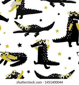 Hand drawn vector cute cartoon Scandinavian style seamless pattern illustration black crocodile with yellow sunglasses and stars on the white background for baby textile, cloth, linen texture