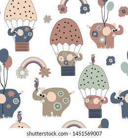 Hand drawn vector cute cartoon pastel color seamless pattern illustration elephant on the balloon, rainbow, flower and parrot on the white background for baby textile, cloth, linen, wallpaper texture.