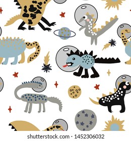Hand drawn vector cute cartoon pastel color seamless pattern illustration dino in the space on the white background for baby textile, cloth, linen, wallpaper texture or home decoration