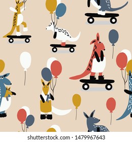Hand drawn vector cute cartoon seamless pattern illustration kangaroo, balloon and skateboard on the pastel color background