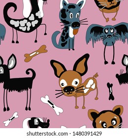 Hand drawn vector cute cartoon seamless pattern illustration pastel color dog and bone on the pink background for baby textile, wallpaper, linen, cloth texture 