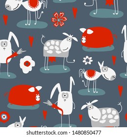 Hand drawn vector cute cartoon pastel color seamless pattern illustration happy farm and flowers on the dark blue background for baby textile, wallpaper, cloth, linen and other texture