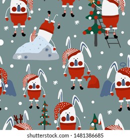 Hand drawn vector cute cartoon seamless pattern pastel color illustration Santa bunny and Christmas tree on the turquoise background for baby textile, gift wrapping paper, linen, cloth texture