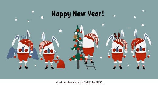 Hand drawn vector cute cartoon pastel color illustration post card  Santa bunny and Christmas tree on the turquoise background for baby textile, poster, postcard, t-shirt texture