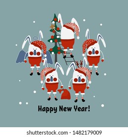 Hand drawn vector cute cartoon pastel color illustration post card  Santa bunny, snowflake and Christmas tree on the turquoise background for baby textile, poster, postcard, t-shirt or other texture  