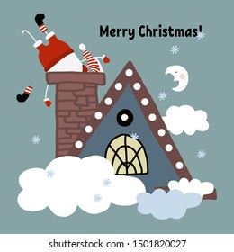 Hand drawn vector cute cartoon pastel color illustration post card  Santa bunny in a pipe of house on the turquoise background for baby textile, poster, postcard, t-shirt texture