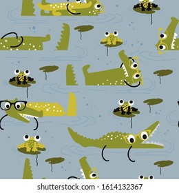 Hand drawn vector cute cartoon seamless pattern pastel color illustration swimming crocodile, frog and water lily on the blue background for baby textile, wallpaper, cloth, linen and other texture.