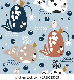 Hand drawn vector cute cartoon seamless pattern illustration sea animals on the blue background for baby textile, cloth, linen, wallpaper texture or home decoration