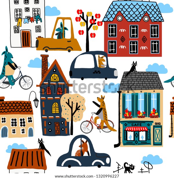 Hand drawn vector cute cartoon seamless\
pattern illustration city, kangaroo on bike and cars, tree, cloud\
on the white background for baby textile, cloth, linen texture or\
home decoration