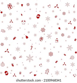Hand drawn vector cute Christmas theme  with red mistletoe, sock, Christmas tree, candy cane, snow flake, gift, Santa, reindeer, ginger bread man, snowman, ornament, star. Pattern for wrapping.