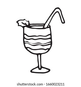 Hand drawn vector cute cocktail with straw. Doodle style. Black outline isolated on white. Design for greeting cards, scrapbooking, textile, wrapping paper, cafe or restaurant menu, food infographic.