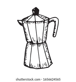 Hand drawn vector cute coffee pot. Doodle style. Black outline isolated on white. Design for greeting cards, scrapbooking, textile, wrapping paper, cafe or restaurant menu, invitations.