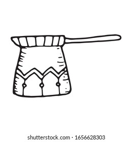 Hand drawn vector cute coffee pot, cezve. Doodle style. Black outline isolated on white. Design for greeting cards, scrapbooking, textile, wrapping paper, cafe or restaurant menu, invitations etc.