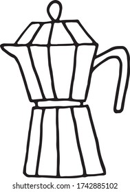 Hand drawn vector cute coffee pot. Doodle style. Black outline isolated on white. Design for greeting cards, scrapbooking, textile, wrapping paper, cafe or restaurant menu, invitations.