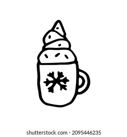 Hand drawn vector cute cup of hot coffee. Doodle style. Black outline isolated on white.