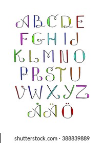 hand drawn vector cute curly swedish abc, multicolored