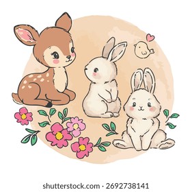 Hand drawn vector cute deer and bunny love friends kids print