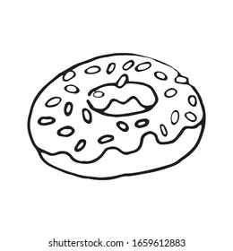 Hand drawn vector cute donut with sprinkles. Doodle style. Black outline isolated on white. Design for greeting cards, scrapbooking, textile, wrapping paper, cafe or restaurant menu, food infographic.