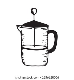 Hand drawn vector cute french press for coffee. Doodle style. Black outline isolated on white. Design for greeting cards, scrapbooking, textile, wrapping paper, cafe or restaurant menu, invitations.