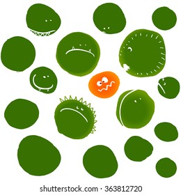 Hand drawn vector cute and funny monsters and bacterias.  Abstract virus illustration isolated on white. Micro parasites for medical background. Bad and good bacteria design.