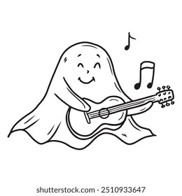 Hand drawn vector cute ghost is playing guitar singing with musical notes, in black isolated on white background. Sketch illustration in doodle engraved vintage line art style. Happy Halloween