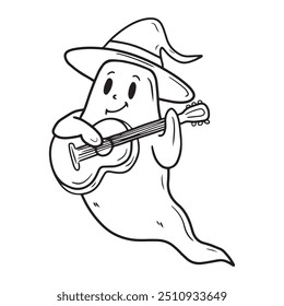 Hand drawn vector cute ghost is playing guitar in witch hat in black isolated on white background. Sketch illustration in doodle engraved vintage line art style. Happy Halloween, symbol, scary