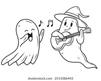 Hand drawn vector cute ghost is playing guitar singing with musical notes, in black isolated on white background. Sketch illustration in doodle engraved vintage line art style. Happy Halloween