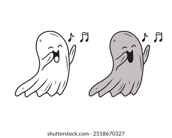 Hand drawn vector cute grey ghost floating and singing with musical notes on white. Sketch illustration in doodle engraved vintage line art style. Happy Halloween. Coloring book