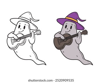 Hand drawn vector cute grey ghost is playing brown wooden guitar in purple witch hat on white. Sketch illustration in doodle engraved vintage line art style. Happy Halloween, scary coloring book